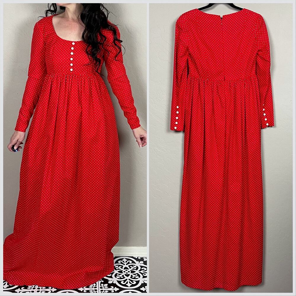 Vintage 1970s Red & White Polka Dot Long Sleeve A-Line Maxi Prairie Dress - Picture 4 of 8